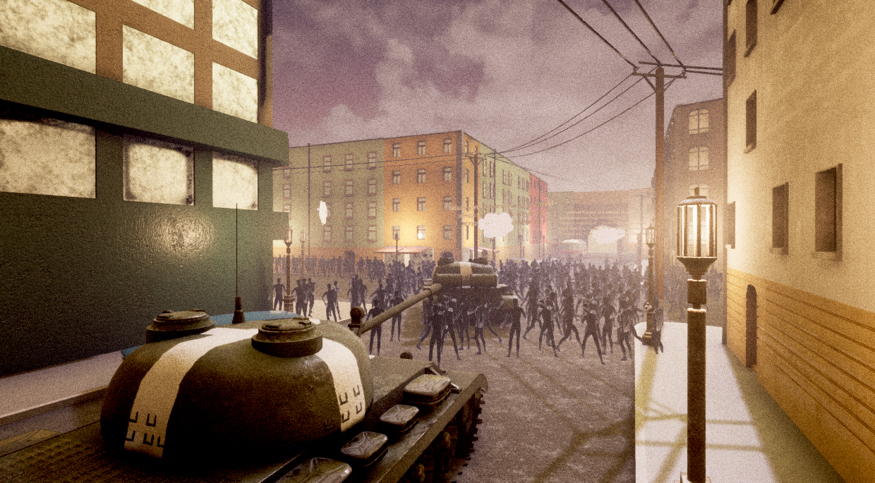 Reminiscence — scène de rue avec tanks
